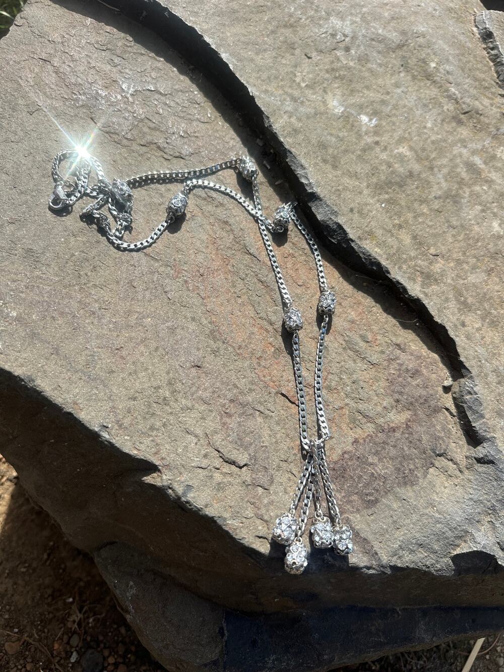 Vintage Necklace Silver Rhinestone Crystal Tassel Lariat Statement Long